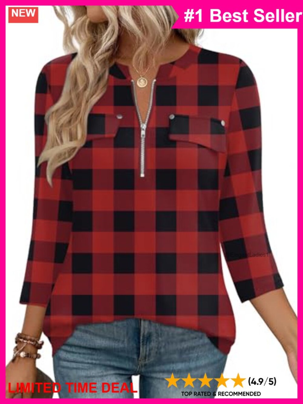 Womens 3/4 Sleeve Zip Front V Neck Work Tunic Blouse Loose Fit